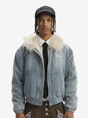Washed Embroidered Fur-Lined Denim Bomber Jacket