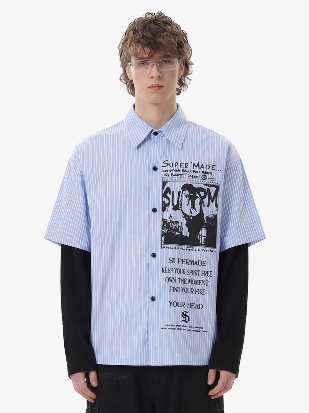 Vintage Illustration Striped Faux Two-Piece Shirt 