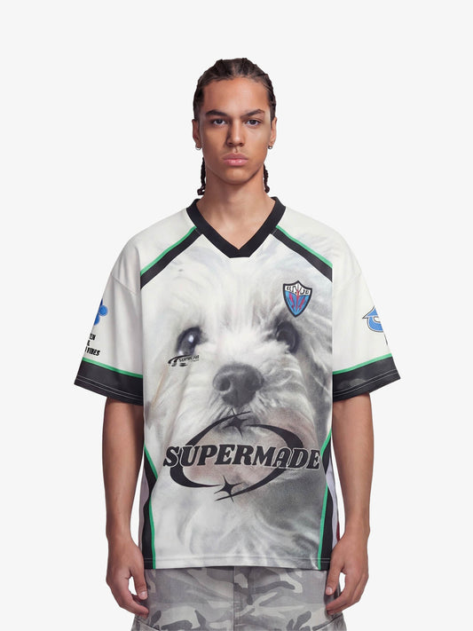 Dog Graphic Patchwork Color-Block V-Neck Jersey T-Shirt 