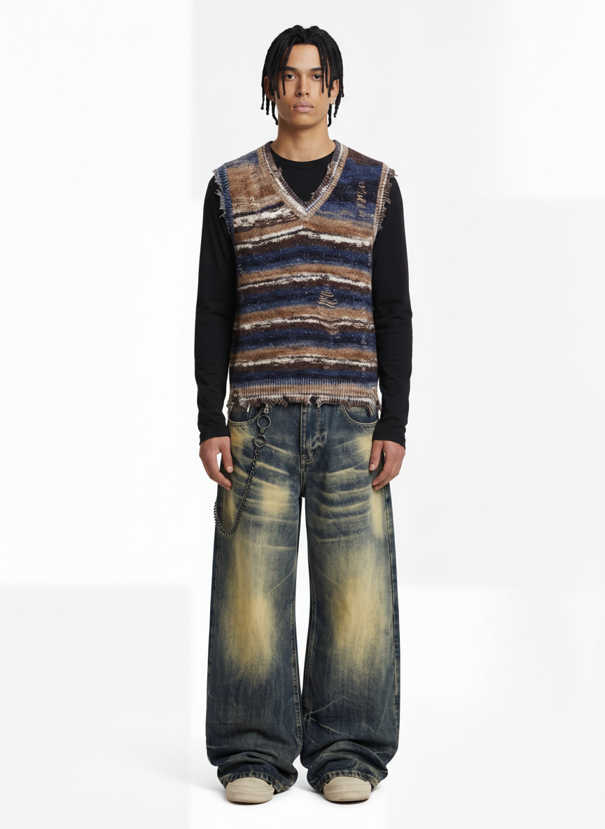 Frayed Edge Striped V Neck Knit Vest 