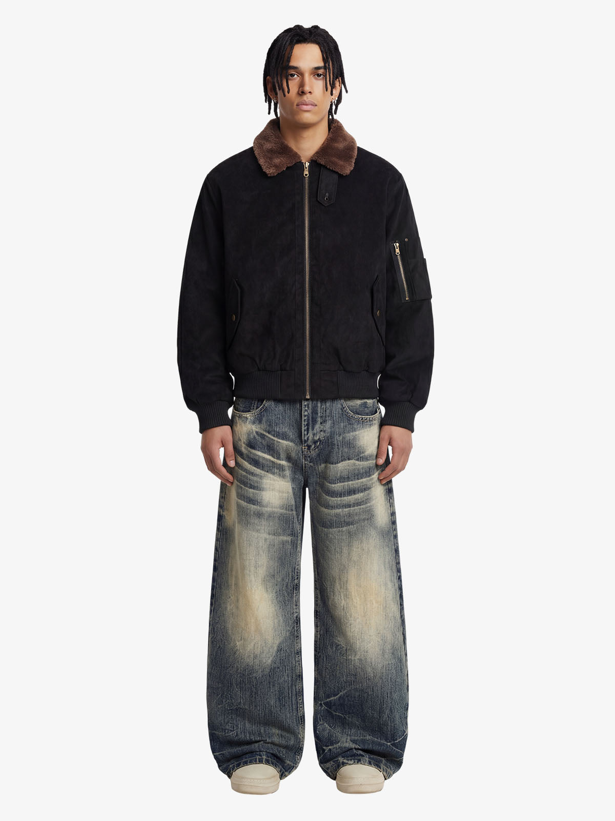 Retro Suede Faux Fur Collar Fleece Lined Bomber Jacket 