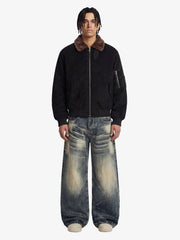 Retro Suede Faux Fur Collar Fleece Lined Bomber Jacket 