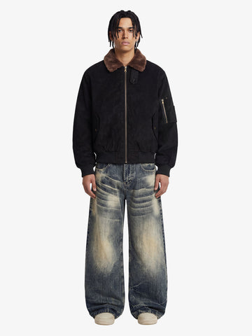 Retro Suede Faux Fur Collar Fleece Lined Bomber Jacket 