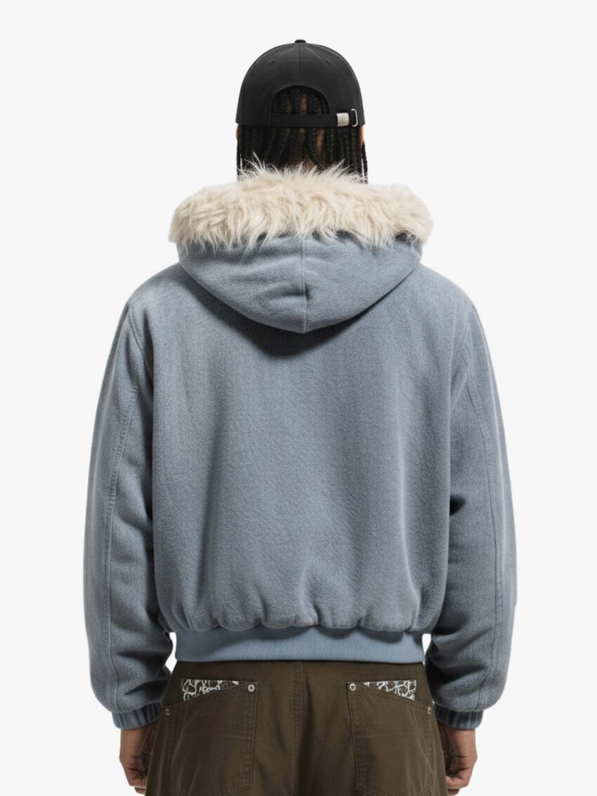 Washed Embroidered Fur-Lined Denim Bomber Jacket