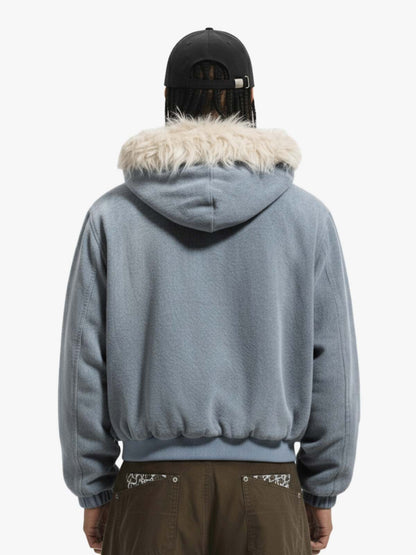 Washed Embroidered Fur-Lined Denim Bomber Jacket