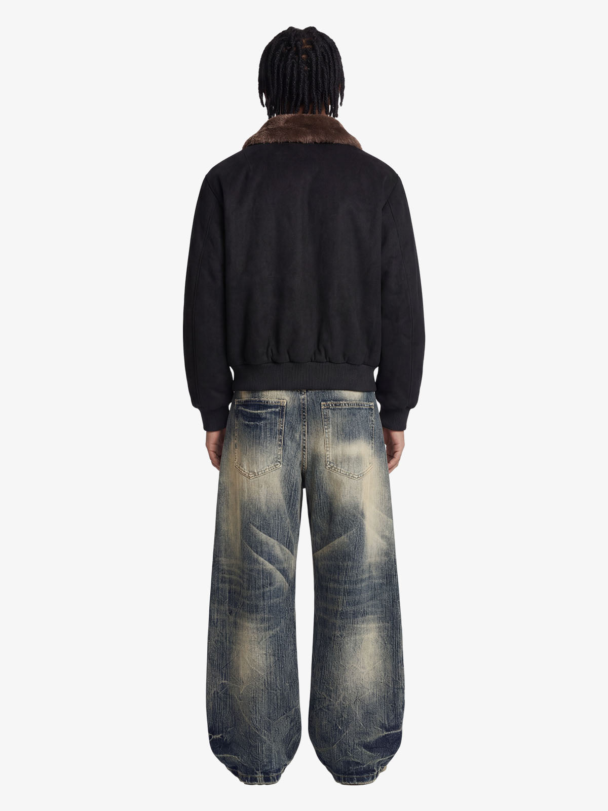 Retro Suede Faux Fur Collar Fleece Lined Bomber Jacket 