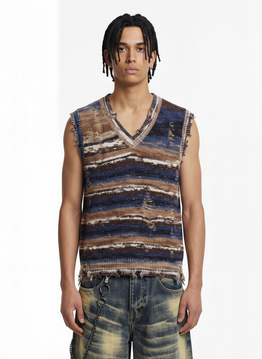 Frayed Edge Striped V Neck Knit Vest 
