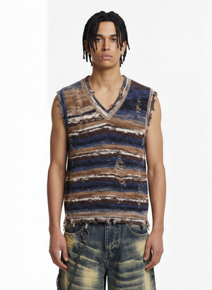 Frayed Edge Striped V Neck Knit Vest 