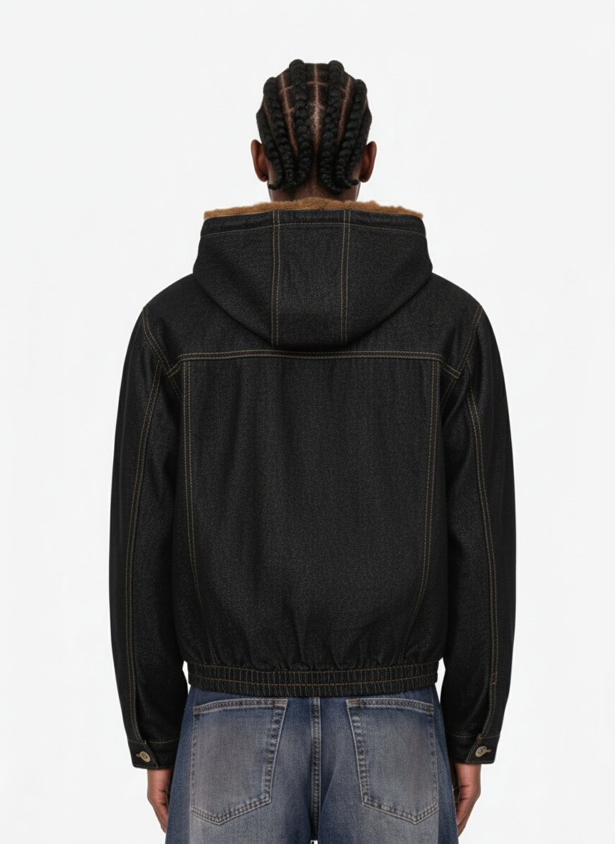 Vintage Denim Mental Buckle Faux Fur Lined Hoodie Jacket 