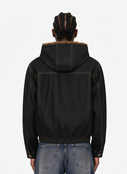 Vintage Denim Mental Buckle Faux Fur Lined Hoodie Jacket 