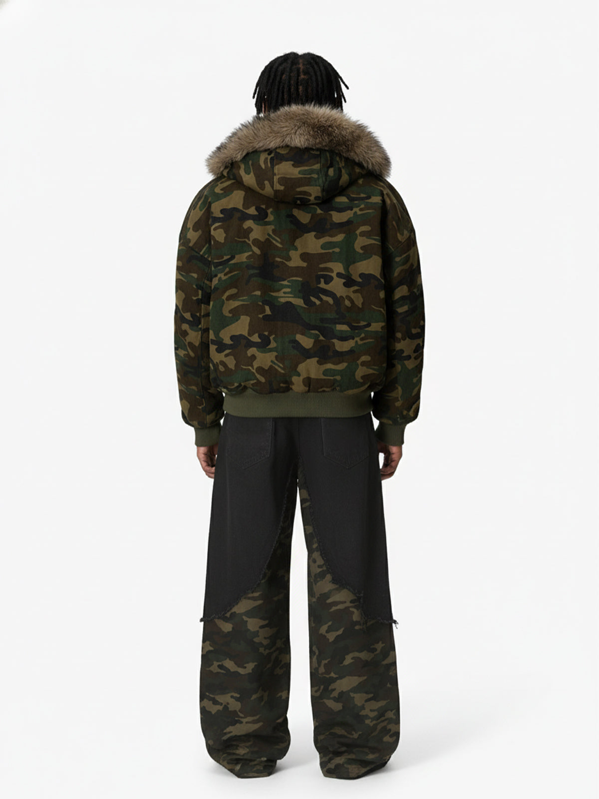 Vintage Camouflage Fur Collar Quilted Hooded Bomber Jacket 