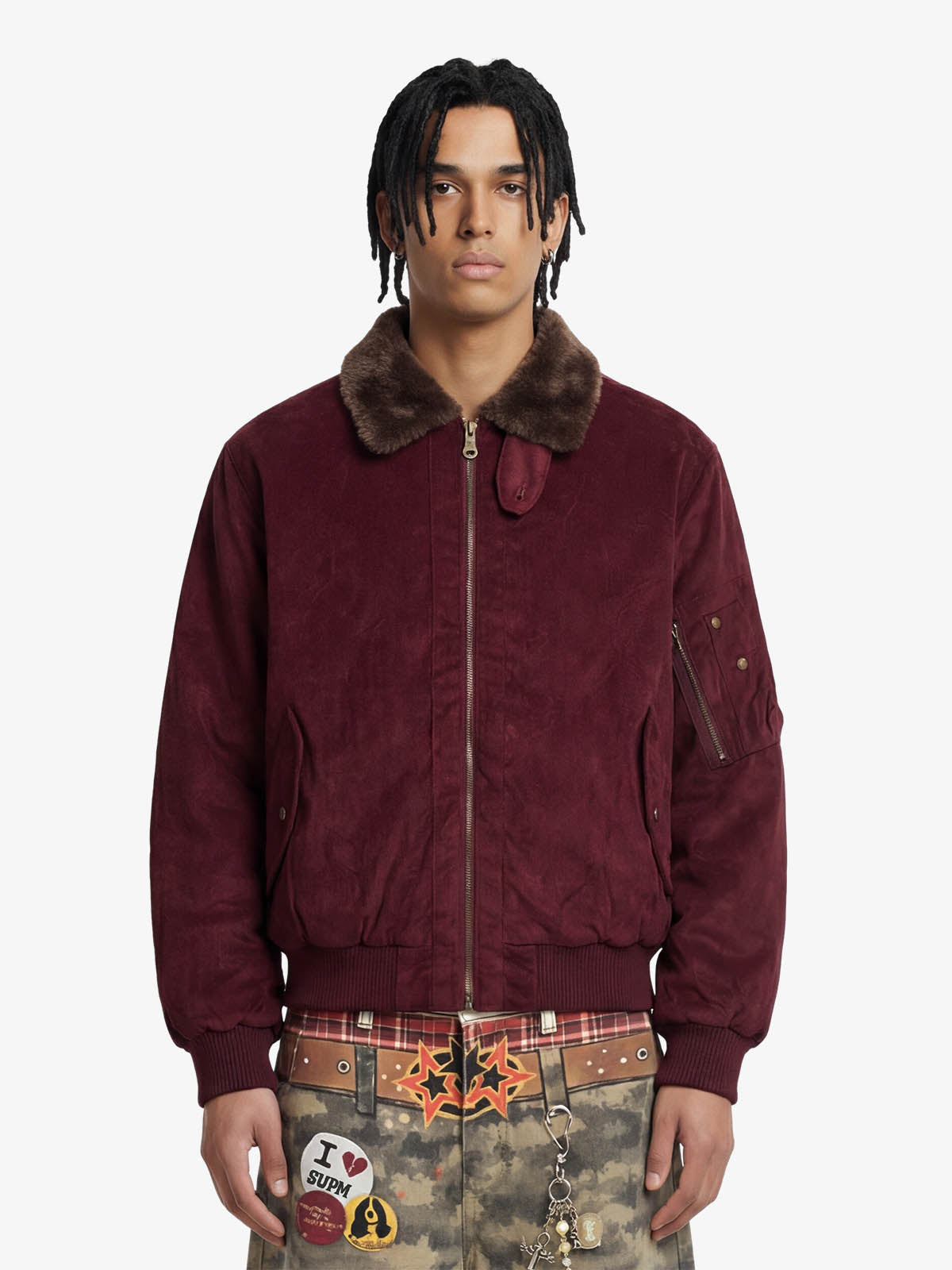 Retro Suede Faux Fur Collar Fleece Lined Bomber Jacket 