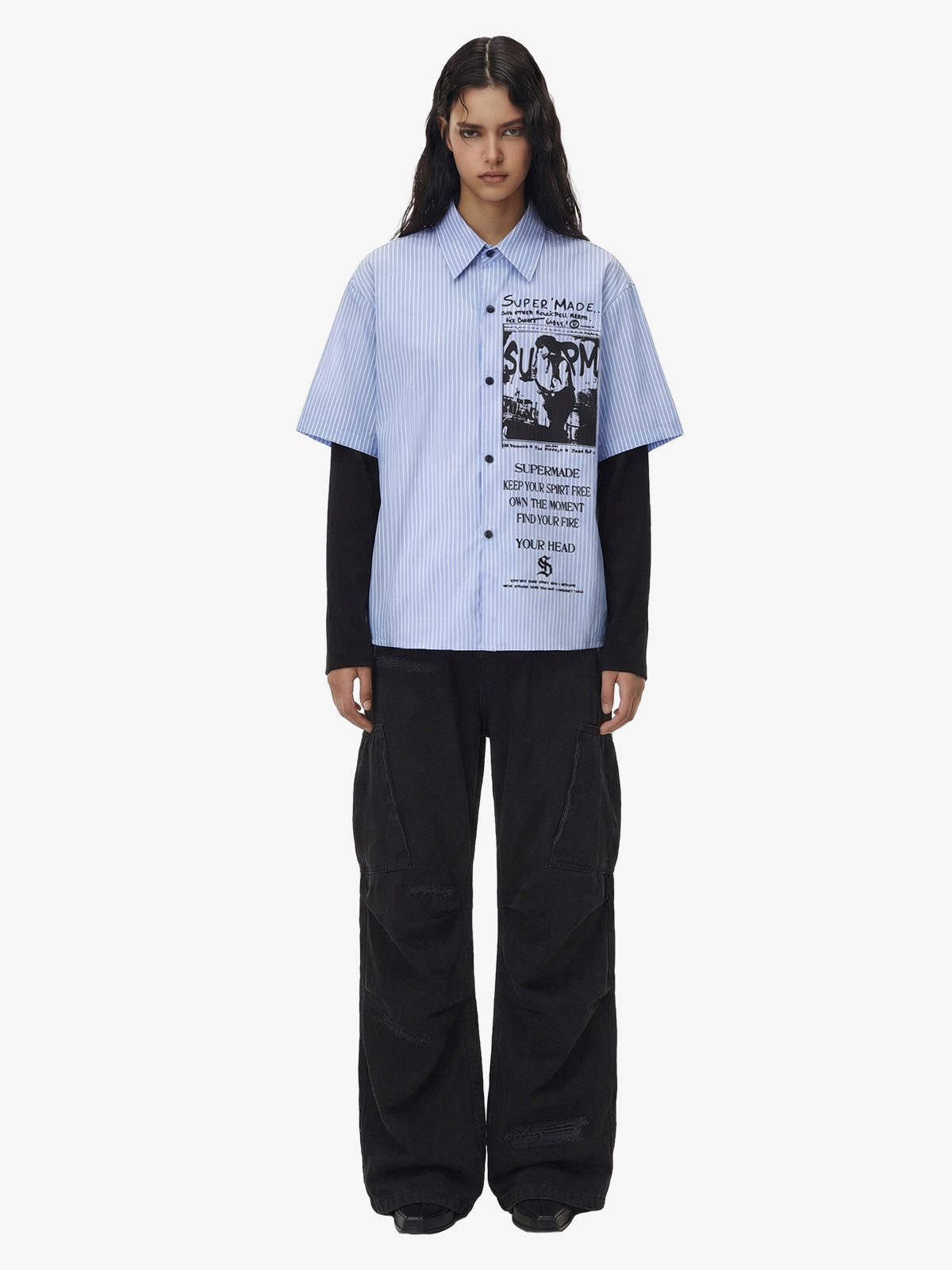 Vintage Illustration Striped Faux Two-Piece Shirt 