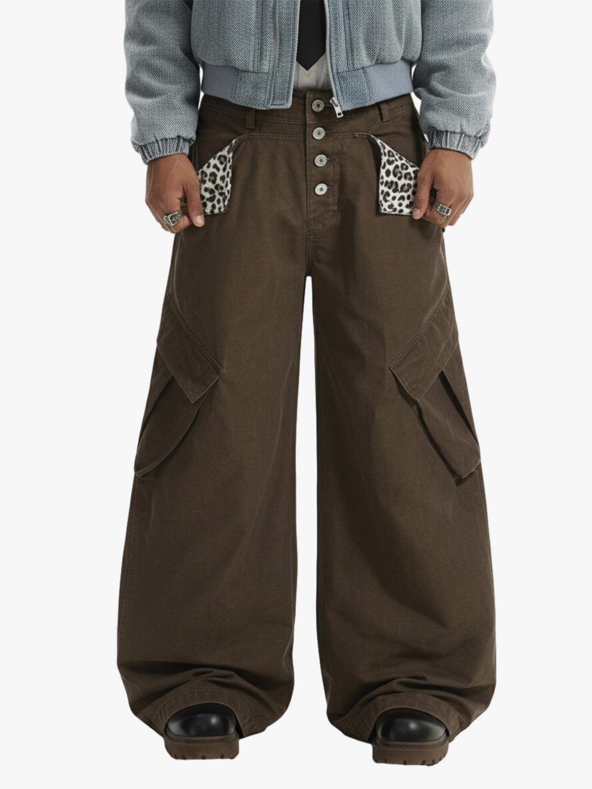 Vintage Patchwork Leopard Pocket Wide Leg Cargo Pants