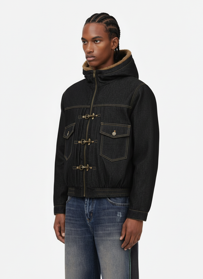 Vintage Denim Mental Buckle Faux Fur Lined Hoodie Jacket 