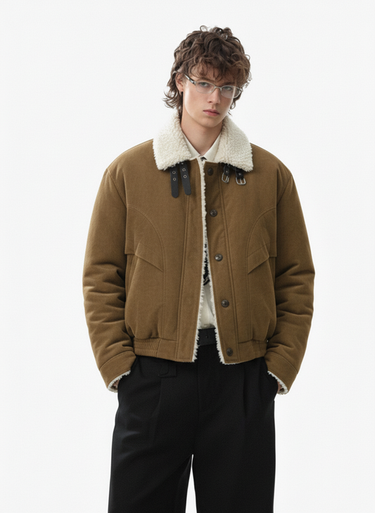 Suede Faux Shearling Collar Buckled Utility Jacket 