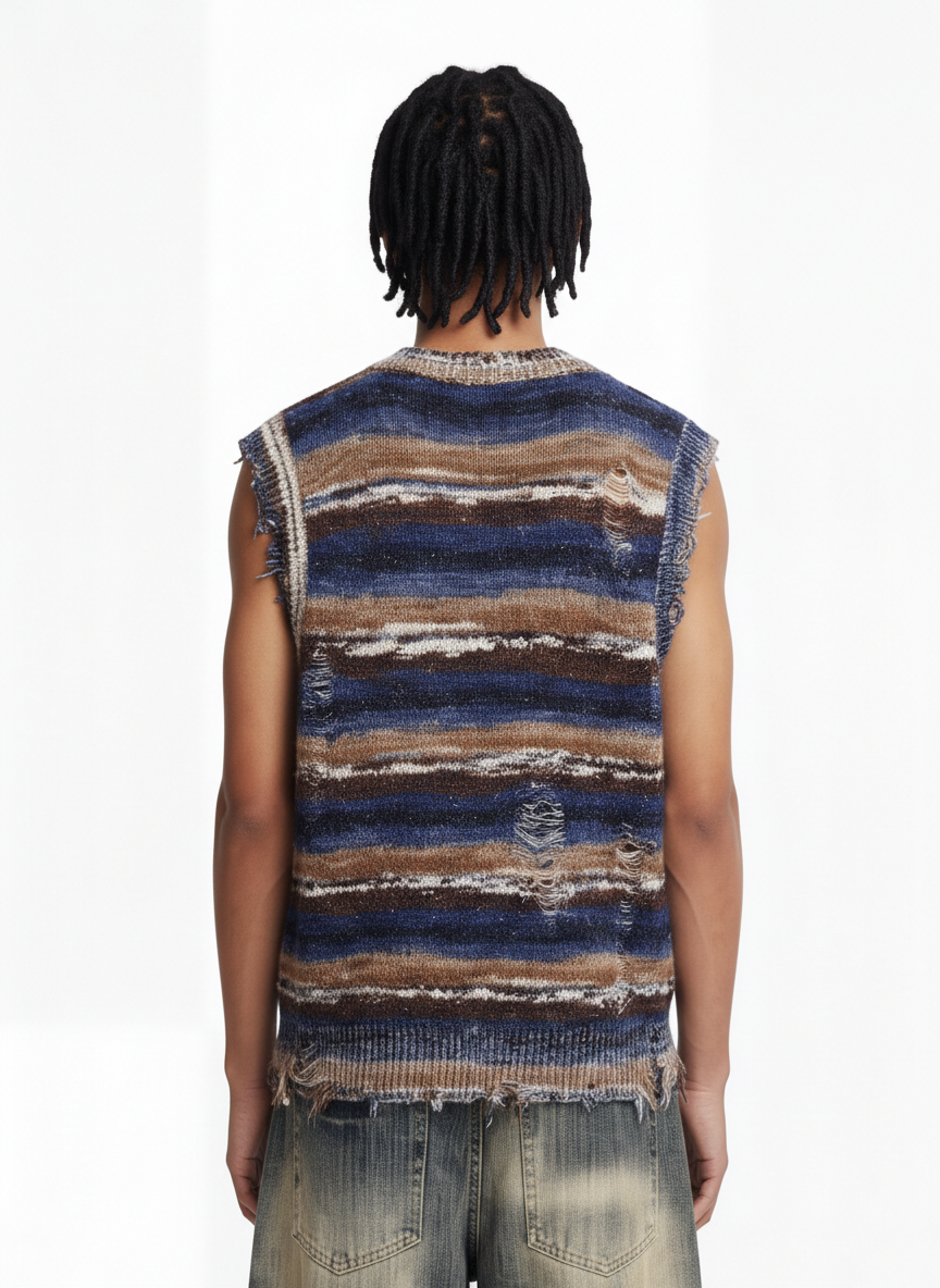 Frayed Edge Striped V Neck Knit Vest 