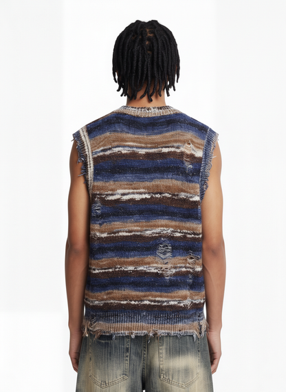 Frayed Edge Striped V Neck Knit Vest 