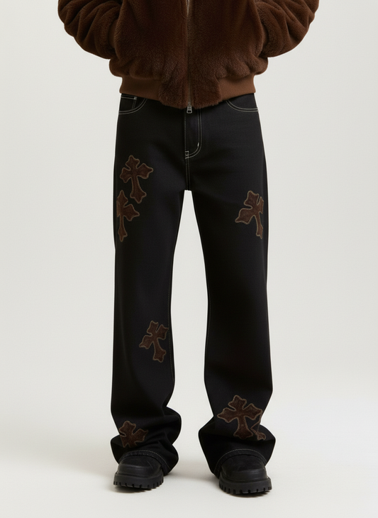 Vintage Cross Embroidered Baggy Jeans 