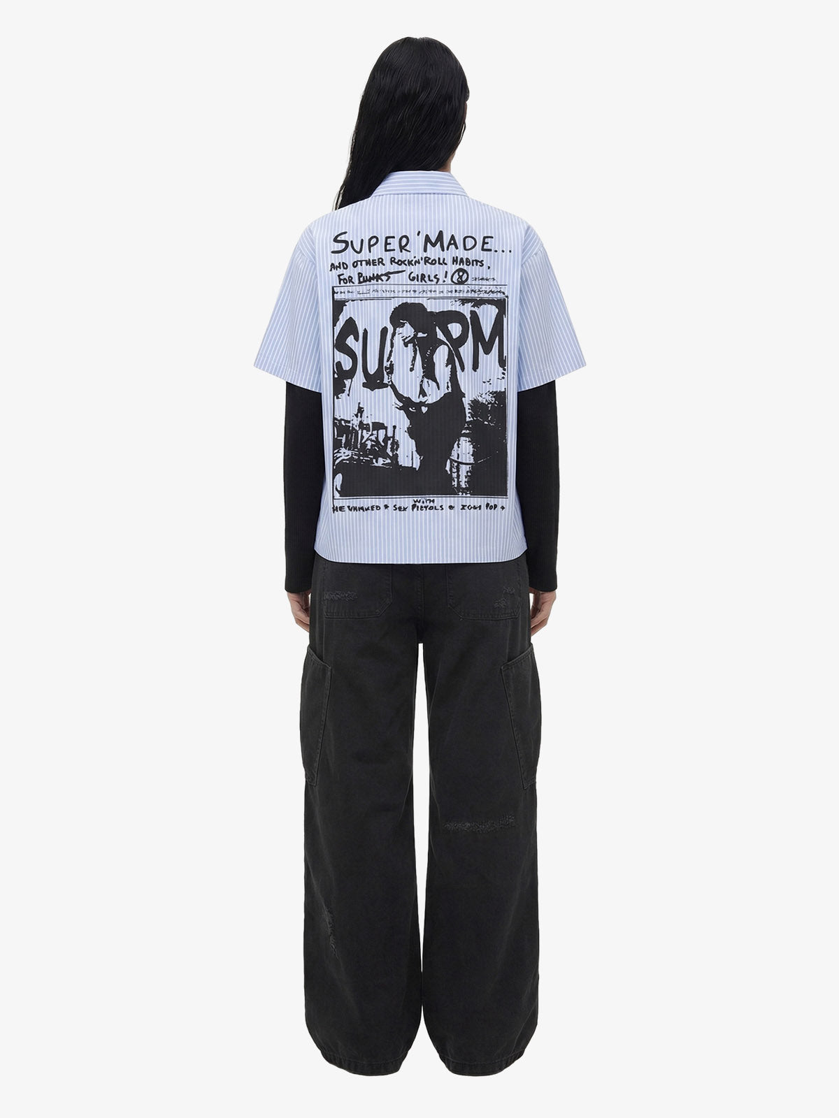 Vintage Illustration Striped Faux Two-Piece Shirt 