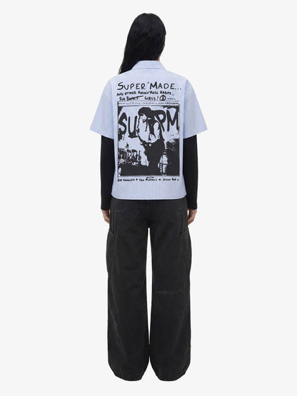 Vintage Illustration Striped Faux Two-Piece Shirt 