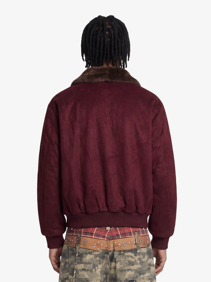 Retro Suede Faux Fur Collar Fleece Lined Bomber Jacket 