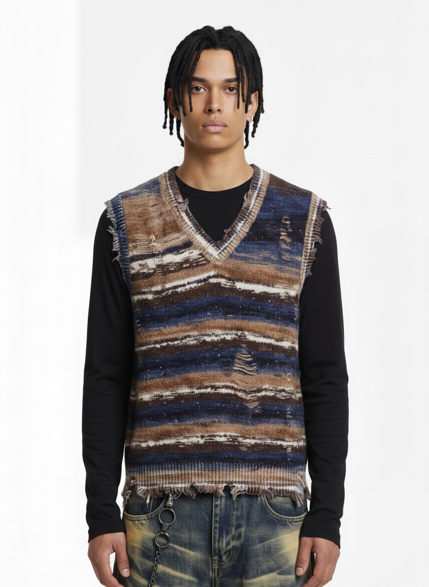 Frayed Edge Striped V Neck Knit Vest 