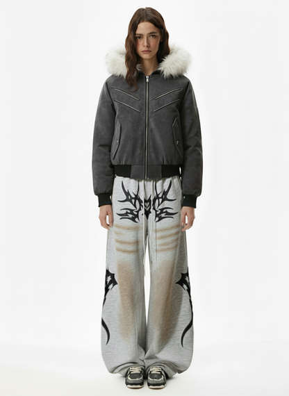 Faux Fur Trimmed Hood Suede Bomber Jacket 