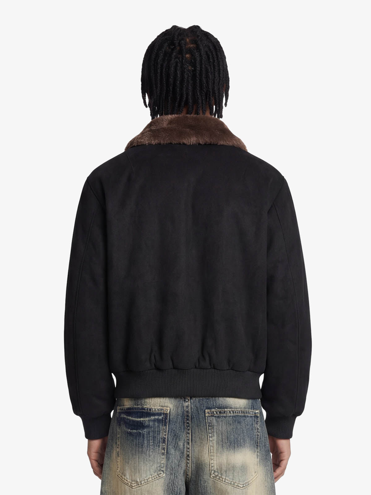 Retro Suede Faux Fur Collar Fleece Lined Bomber Jacket 