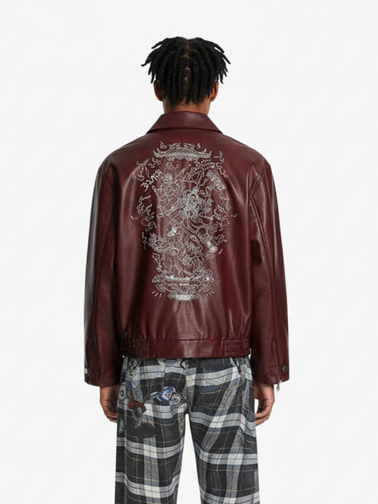 Vintage Embroidered PU Leather Lapel Jacket 