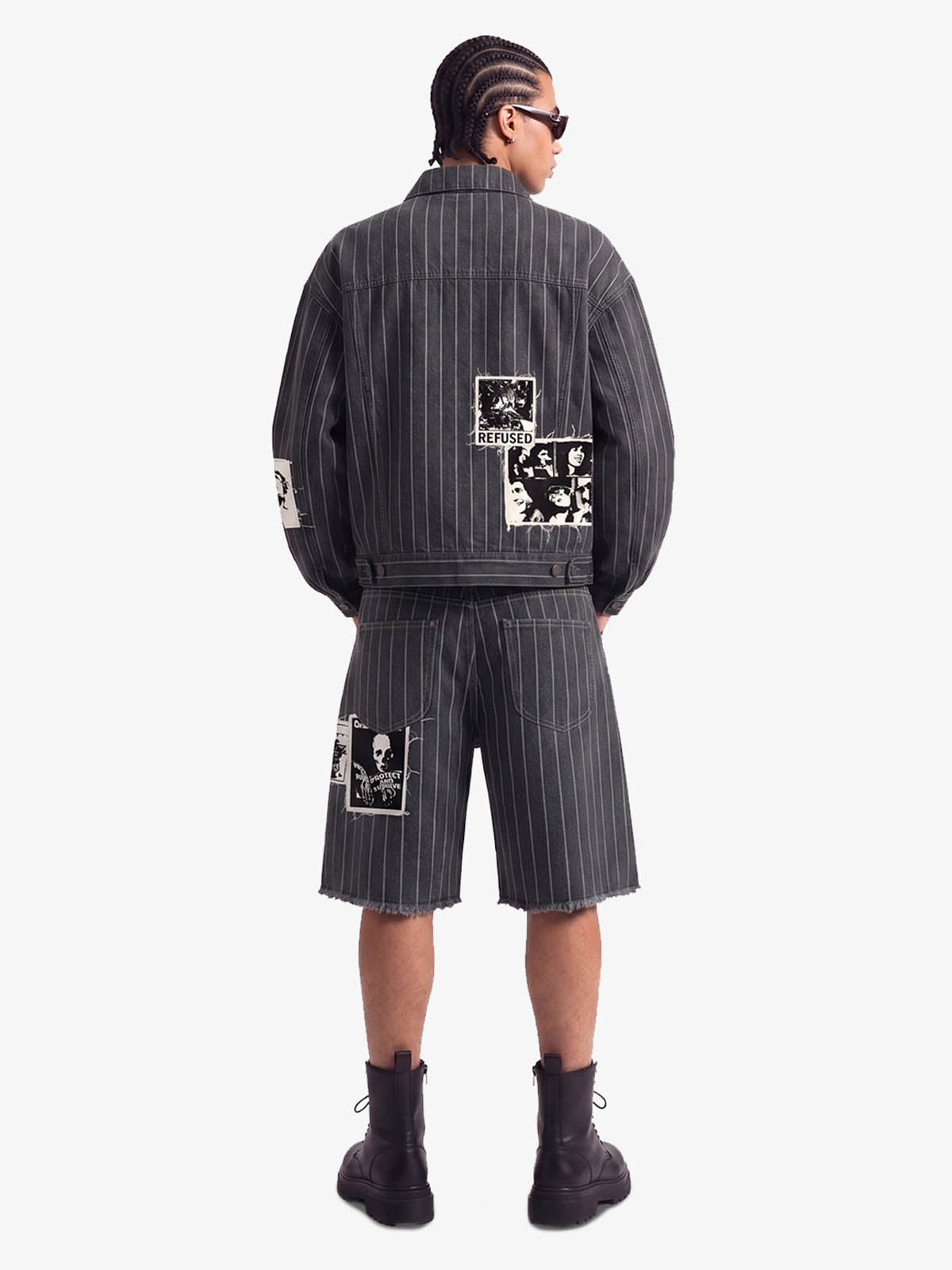 Vintage Pinstripe Patchwork Baggy Denim Set 