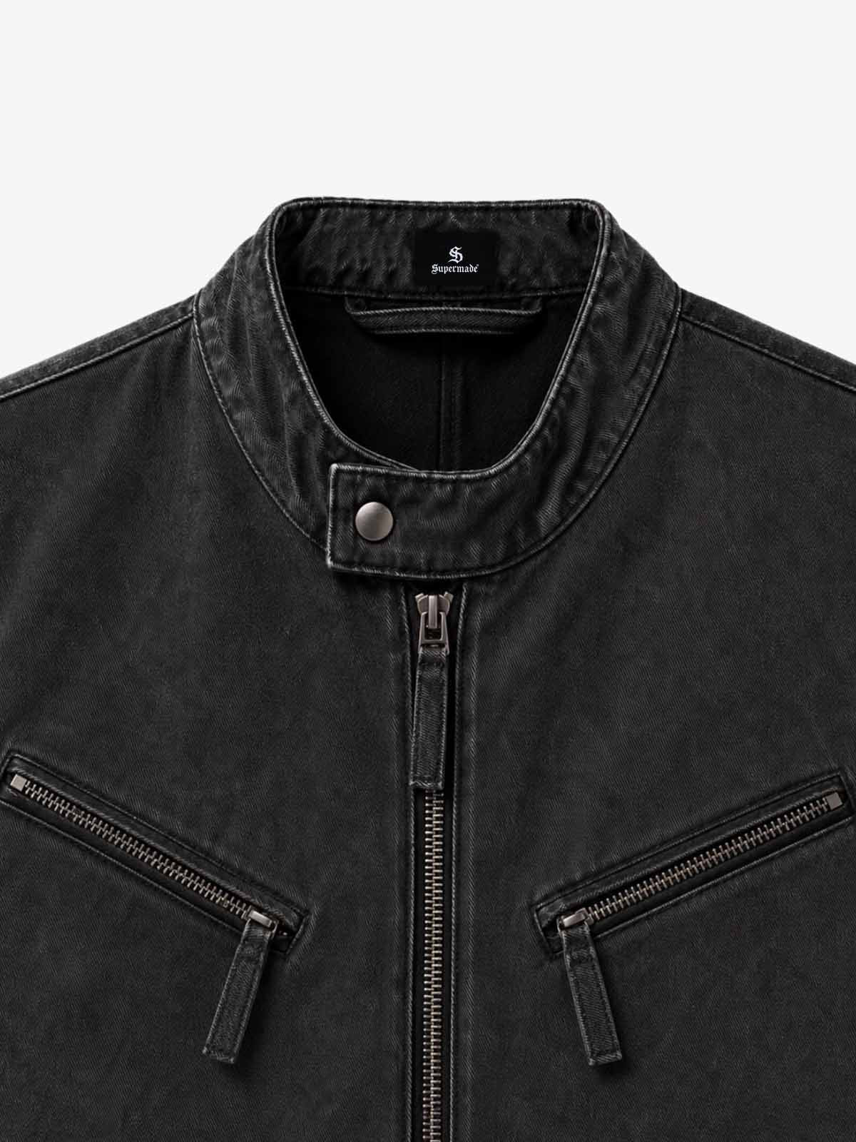 Cropped Distressed-wash Canvas Biker Jacket