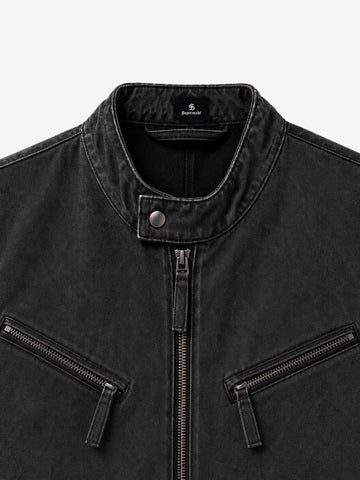 Cropped Distressed-wash Canvas Biker Jacket
