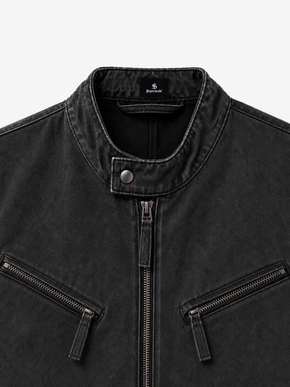 Cropped Distressed-wash Canvas Biker Jacket