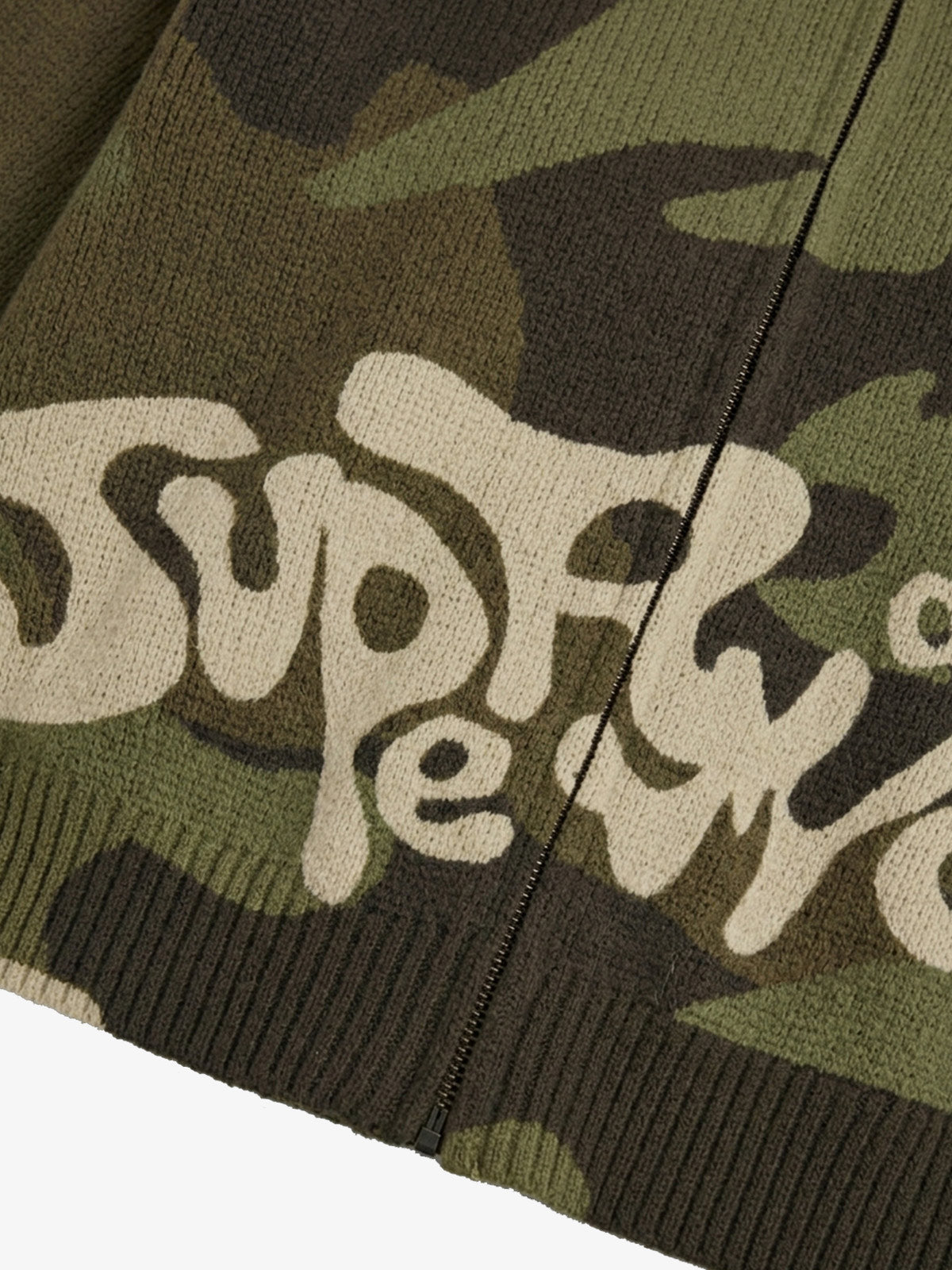 Camo Pattern Jacquard Knit Full-Zip Stand Collar Sweater