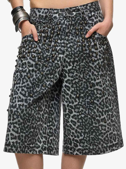 Leopard Rhinestone Distressed Washed Jeans