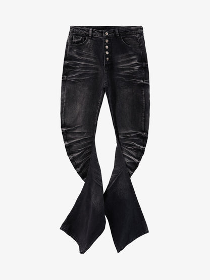 Black Denim Flared Jeans with Button Front High Waist Design 