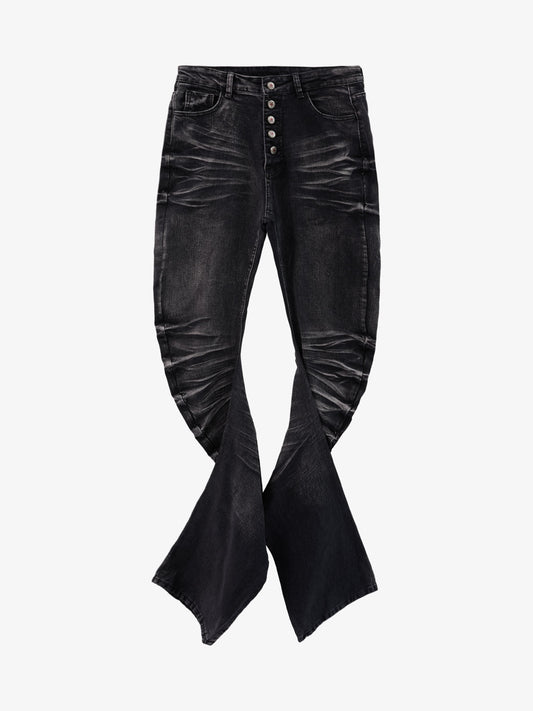 Black Denim Flared Jeans with Button Front High Waist Design 