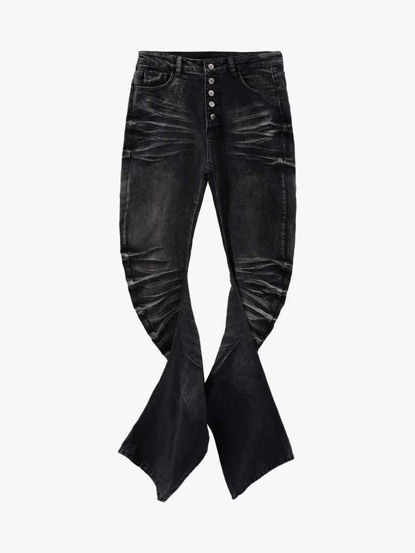 Vintage Distressed Flared Jeans mit Knopfleiste und gerafften Einsätzen