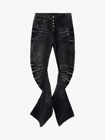 Vintage Distressed Button Fly Ruched Panel Flared Jeans