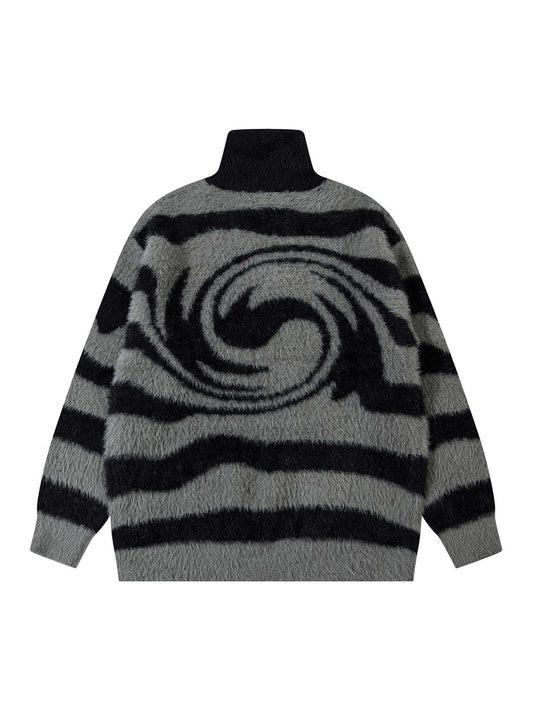 Thesupermade Stand Collar Striped Zip Up Fleece Sweater 