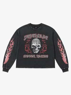 Skull Flame Checkerboard Graphic Washed Long Sleeve Tee
