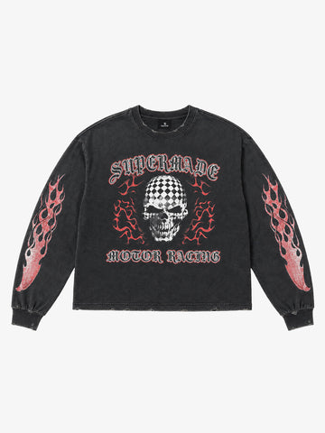 Skull Flame Checkerboard Graphic Washed Long Sleeve Tee