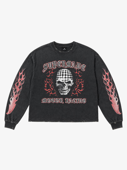Skull Flame Checkerboard Graphic Washed Long Sleeve Tee