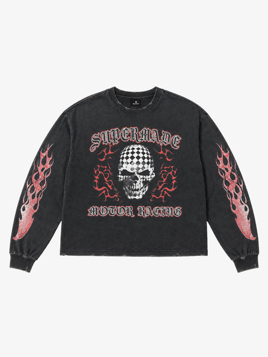 Skull Flame Checkerboard Graphic Washed Long Sleeve Tee