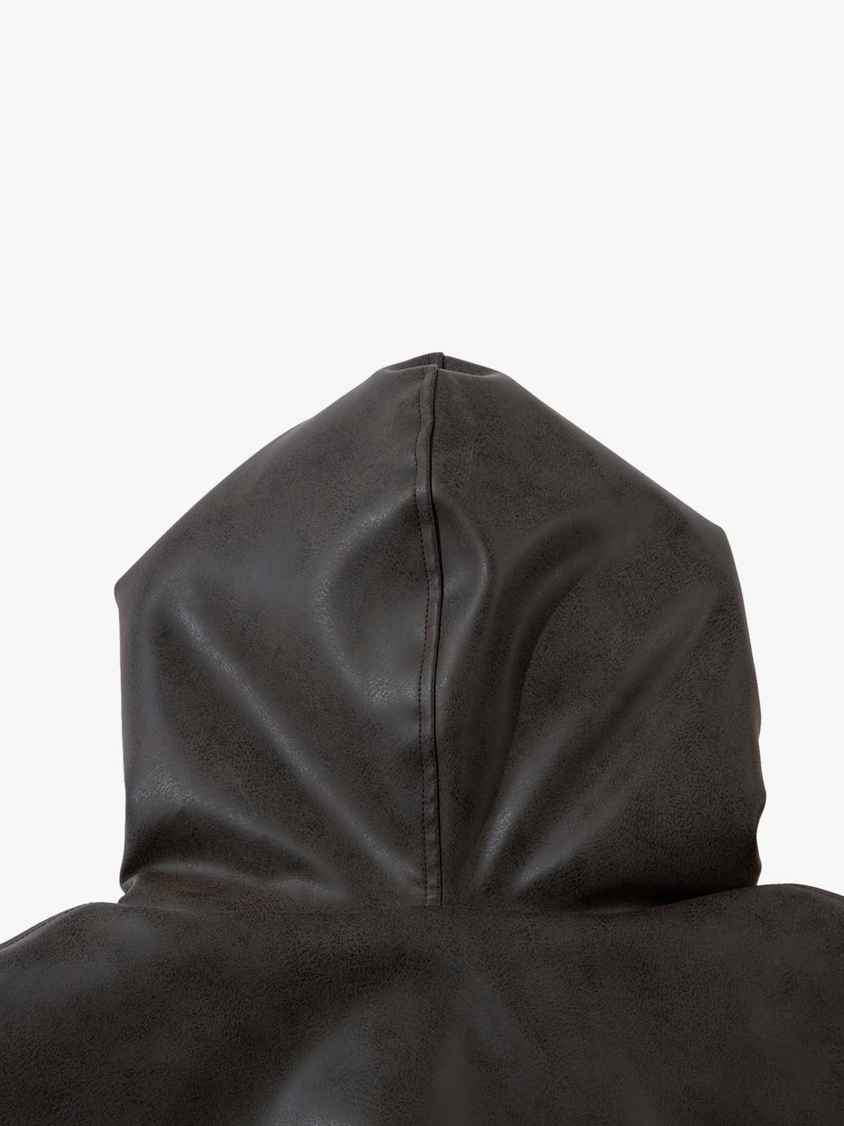 Vintage Faux Fur Hood Lined PU Zip Up Bomber Jacket 