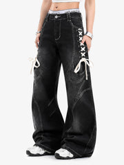 Lace-Up Denim Jeans; Black / S, Black / M, Black / L, Black / XL, Black / 2XL