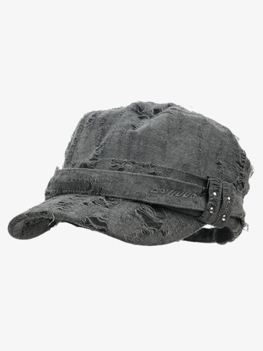 Distressed Cotton Blend Flat Cap with Stud Details for Men and Women 