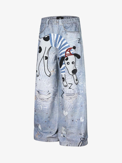 Denim Wide Leg Jeans with Dalmatian Print and Studs, Distressed Design for Streetwear Fashion 