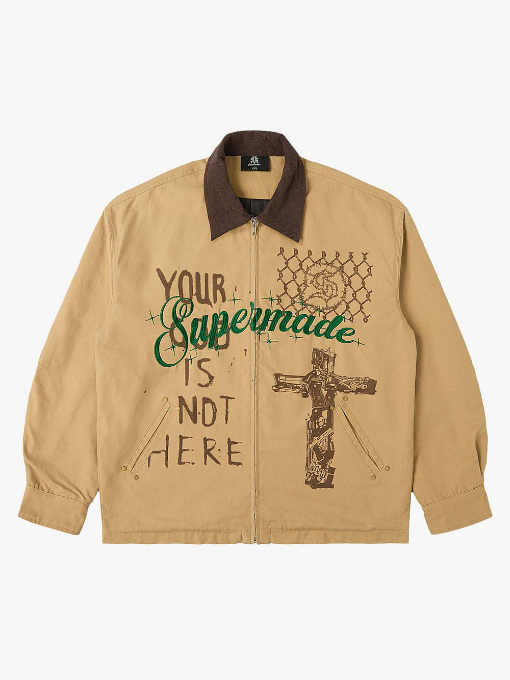 Supermade Slogan Print Color-Blocked Embroidered Retro Canvas Jacket 